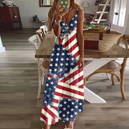 Vista 2 de Ceboyel Vestido largo sexy para mujer, para el 4 de julio, vestido largo y sexy, con bandera americana, sin mangas, vestidos casuales patrióticos