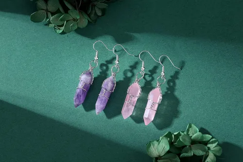 Vista 3 de Juego de aretes de cristales curativos para mujeres y niñas, puntos hexagonales, piedras de cuarzo natural real, aretes colgantes con gancho