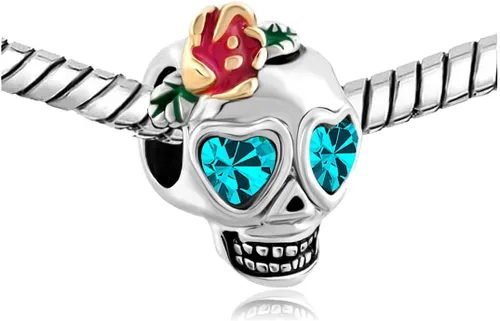 Vista 3 de KunBead Dijes de cuentas de corazón de calavera de azúcar compatibles con pulseras Pandora para mujeres y niñas