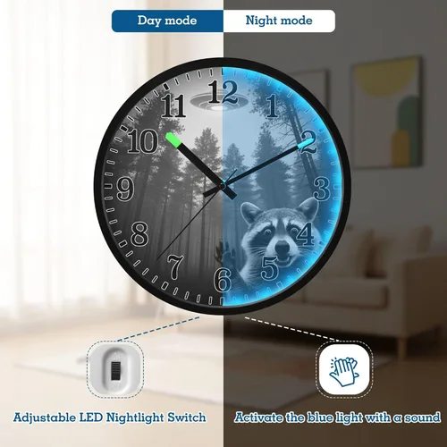 Vista 4 de JUNZAN Luminous Voice-Activated Decor Wall Clock 12 Inch Retro UFO Forests Selfie Silent Non-Ticking Battery Operated Wallclock Decorative for