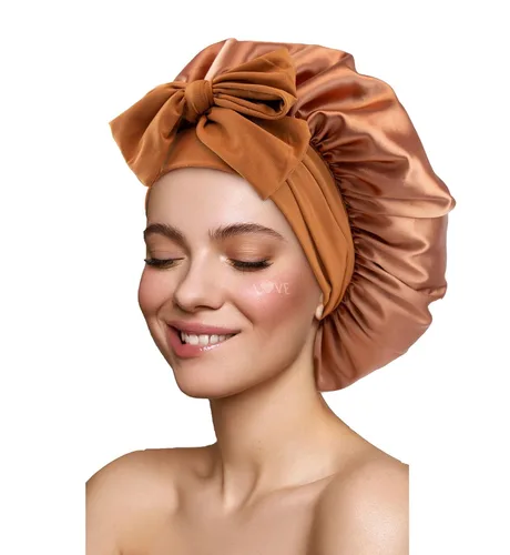 Vista 11 de Gorro de satén de seda para dormir con banda de amarre y tiras ajustables, para mujeres con cabello rizado y trenzado, color negro, tamaño grande