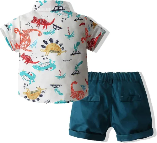 Vista 2 de Conjunto de ropa casual para niño estampado beige camisa abotonada manga corta pantalones blancos