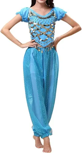 Vista 4 de WinChang Disfraz de baile de vientre de Bollywood para mujer disfraz de Halloween de la India monedas árabes disfraz de cosplay