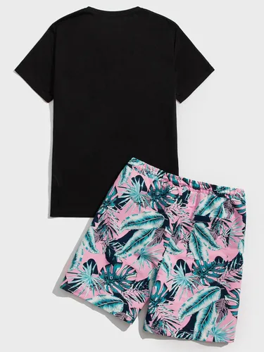 Vista 92 de GORGLITTER Conjunto de 2 piezas de camiseta gráfica de manga corta para hombre, estampado hawaiano con cordón y pantalones cortos