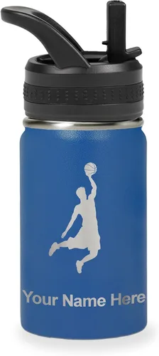 Vista 64 de LaserGram Botella de agua personalizada de 32 onzas, Basketball Slam Dunk Man (azul oscuro)