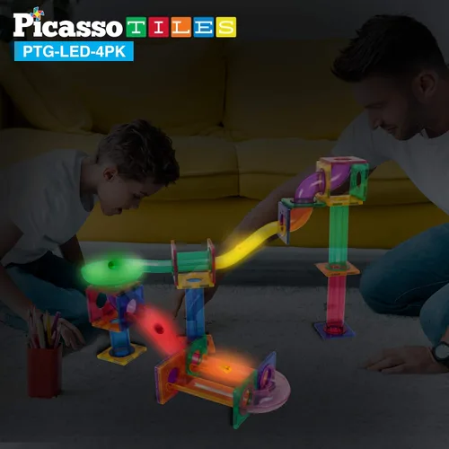 Vista 8 de PicassoTiles 50 piezas de pista de carreras de canicas + 4 bolas translúcidas con luces LED que brillan en la oscuridad: juego educativo STEAM