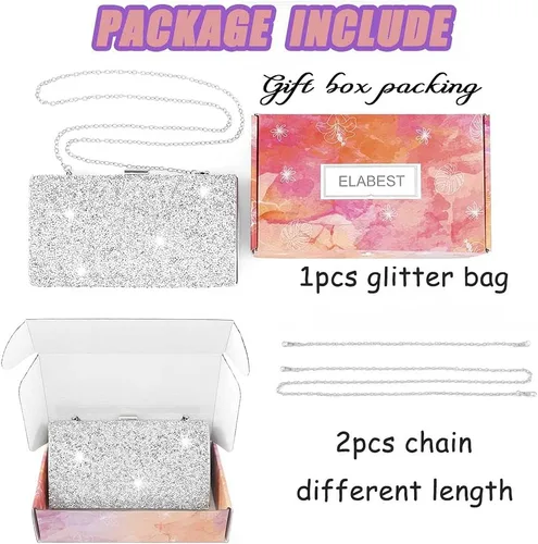 Vista 5 de ELABEST Bolso de mano de noche con purpurina de una cara con diamantes, bolso cruzado, bolso de fiesta de boda para mujer