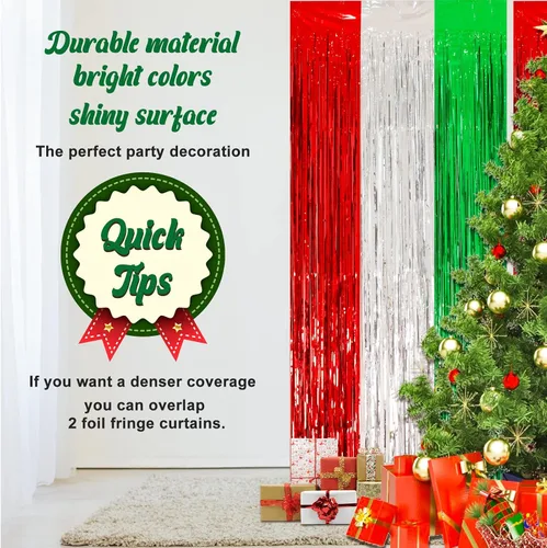 Vista 4 de Paquete de 2 cortinas navideñas con flecos de papel de aluminio para Verde Rojo Astilla