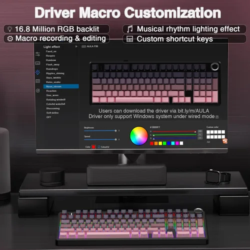 Vista 8 de AULA Teclado mecánico inalámbrico F99 Pro con perilla, Tri-Mode BT5.0USB-C2.4GHz Teclado intercambiable en caliente, estructura de junta, sonido