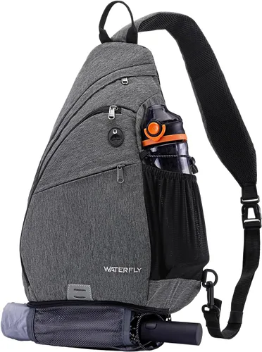 Vista 9 de WATERFLY - Mochila casual tipo bandolera, para llevar en el pecho, Negro, talla única 18L, Water resistant hiking daypack, 7 pockets for 13