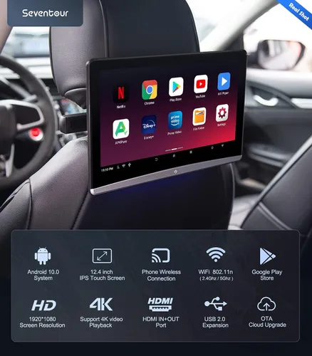 Vista 2 de 12.4 pulgadas 4K Android portátil coche TV monitor tableta para asiento trasero, teléfono soporte inalámbrico espejo enlace pantalla táctil