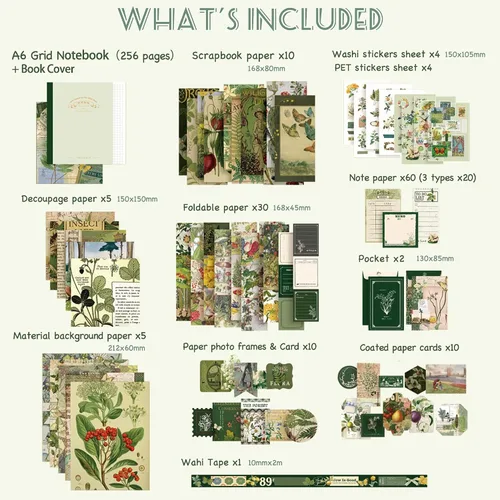 Vista 2 de Kit de Suministros para Scrapbooking, Kit de Scrapbook Estético Botánico Vintage para Bullet Journal Junk Journal A6 Cuaderno de Cuadrícula