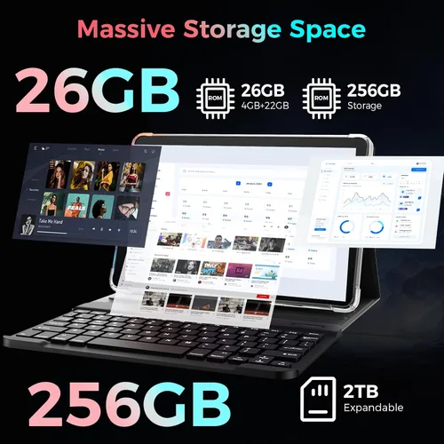 Vista 3 de Tableta con teclado, tableta Android 15 2026 con 26GB+256GB+2TB Expand, Tablet PC de 10 pulgadas con 8 núcleos, Gemini AI, WiFi 5G, 8000mAh, BT5.0