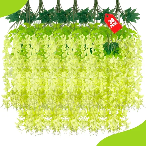 Vista 56 de Paquete de 12 flores colgantes de glicina rosa, flores colgantes falsas de 3.44 pies, guirnalda de glicina artificial para decoración de boda, telón