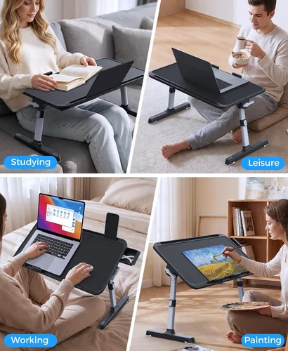 Vista 3 de HETTHI Bandeja de escritorio para cama de laptop, soporte ajustable y resistente para computadora portátil con materiales de primera calidad