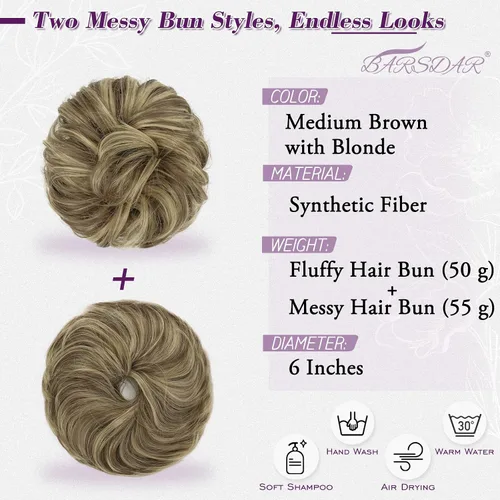 Vista 8 de BARSDAR 2 piezas de cabello desordenado de moño + clip de garra, extensión de cola de caballo de cabello humano corto con metales flexibles, marrón