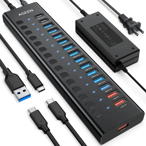 Vista 10 de Hub USB 3.0 alimentado, Splitter de Hub USB de 16 puertos (10 USB-A 3.0+2 QC 24W de carga rápida+2 de carga inteligente+2 puertos USB-C 3.0)