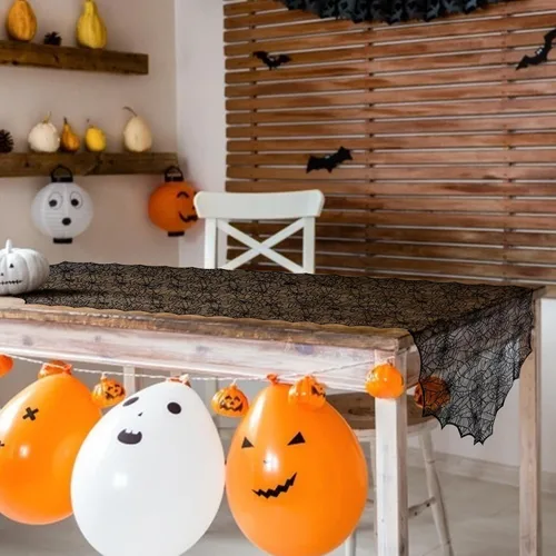 Vista 2 de Camino de mesa de Halloween, tela de araña de encaje negro, para decoración de Halloween, fiesta, decoración de mesa de comedor, 18 x 72 pulgadas