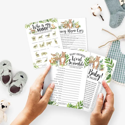 Vista 2 de Hadley Designs 25 palabras del bosque Scramble para baby shower, 25 juegos verdaderos o falsos, 25 juegos de animales de bebé, 25 juegos de rimas