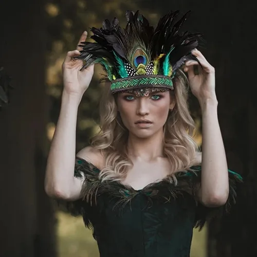 Vista 7 de CAKURE Disfraz de pavo real para mujer tocado de plumas de carnaval tocado con corona diadema para fiesta de Halloween