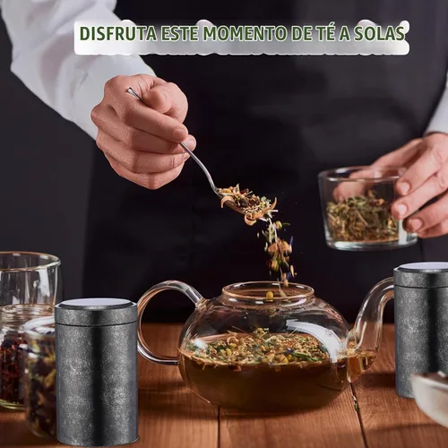 Vista 7 de meekoo 18 latas de té para té suelto de 6 onzas herméticas a granel con tapas, tarros de té de metal, pequeños recipientes redondos de Negro