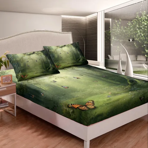 Vista 2 de Juego de sábanas bajeras de selva tamaño individual, diseño de mariposas de ensueño, para niños, niños, ramas de árbol, juego de decoración de cama