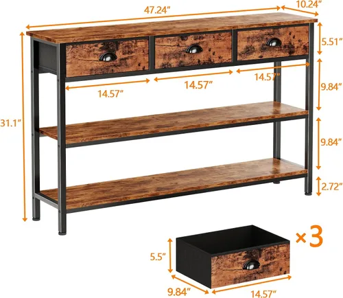 Vista 2 de Juego de 2 mesas de consola de 47 pulgadas con 3 cajones, mesa de sofá para Mesa de pasillo industrial con estantes de madera abiertos