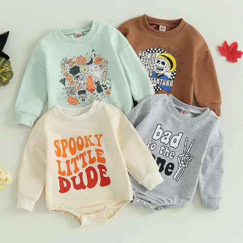Vista 7 de Shejingb Ropa de bebé de Halloween para niñas y niños, sudadera con cuello redondo, enterizo divertido con letras impresas, enterizo de burbujas