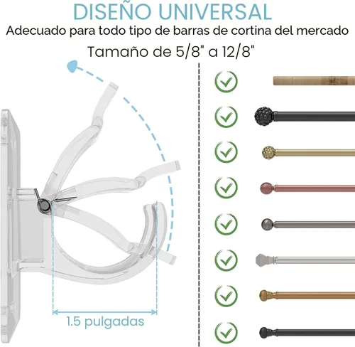 Vista 2 de CIEMGNZOC 2 soportes de cortina sin taladro, barras autoadhesivas, ganchos de cortina ajustables para barras de menos de 1.57 pulgadas (transparente)