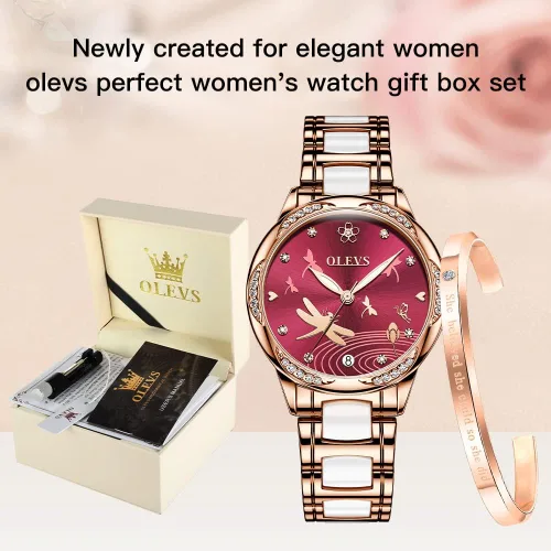 Vista 9 de OLEVS Relojes automáticos para mujer, mecánico, esfera de corazón, esfera de corazón, oro rosa, banda de cerámica, impermeable, luminoso, fecha