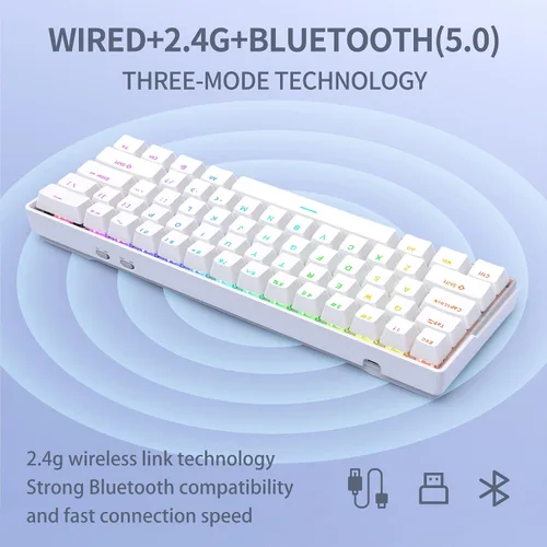 Vista 6 de KEMOVE Snowfox DK61 60% Wireless Mechanical Gaming Keyboard, 2.4GType-CBluetooth 5.0 Gateron G Pro Blue Switch RGB Backlit 61 Keys Mini Keyboard