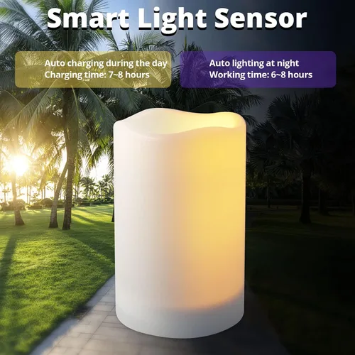Vista 2 de NURADA Velas solares grandes para exteriores, juego de velas recargables impermeables sin llama, resina blanca, luz LED, batería solar recargable