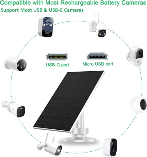 Vista 2 de FUTUREZEN Panel solar de 2 W para cámaras de seguridad, cargador solar de 5 V para cámaras de batería recargable con puertos micro USB y USB-C