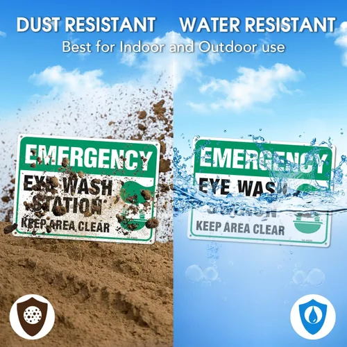 Vista 4 de Letrero de emergencia, estación de lavado de ojos, 2 unidades, 10 x 7 pulgadas, libre de óxido, aluminio 040, protección UV, impermeable, resistente