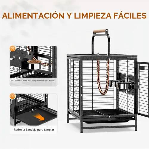 Vista 4 de VINGLI Jaula para pájaros pequeños, jaula de viaje de 19 pulgadas con asa, jaula de periquitos de hierro forjado con perca de madera para loros