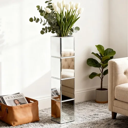 Vista 4 de Juego de 2 jarrones altos con espejo de 28 pulgadas para el hogar, jarrón decorativo grande plateado para flores secas, jarrones de vidrio modernos