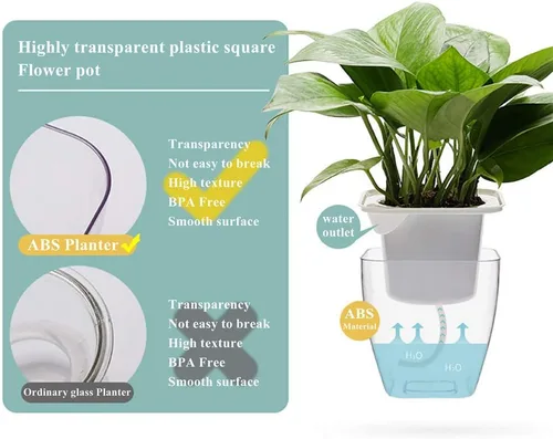 Vista 7 de FENGZHITAO - Maceta de riego automático, macetas de plástico transparente con riego automático, maceta cuadrada para todas las plantas de casa