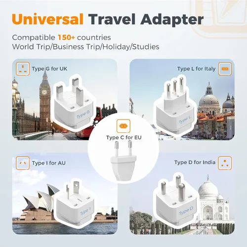 Vista 5 de TESSAN - Convertidor de voltaje compacto de 220 V a 110 V de EE. UU. a Europa, adaptador de viaje universal con 2 salidas de CA y 2 USB (1 USB-C)