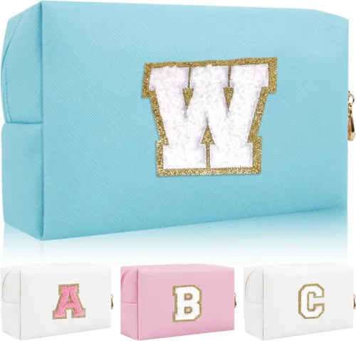 Vista 13 de Bolsa de maquillaje con parche de letra inicial personalizada, bolsa de cosméticos de chenilla preppy con letra de chenilla con cremallera, Y