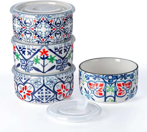 Vista 11 de Cuenco de cerámica con tapa, apto para microondas, juego de 4 Food Storage Containers for Soup, Meal Prep, Cereal, Salad Leftovers - Picnic