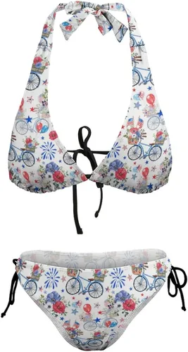 Vista 8 de Traje de baño de dos piezas patriótico festivo para mujer, traje de baño sexy, traje de baño halter, conjuntos de bikini triangulares de cuerda