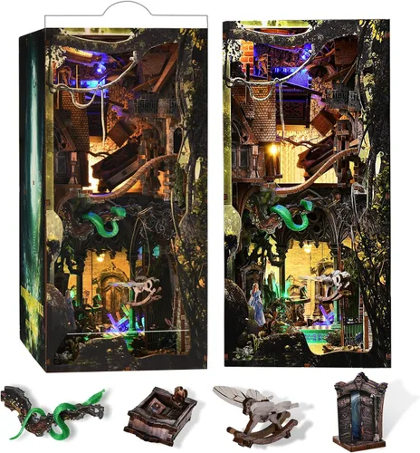 Vista 14 de MiniCity Kit de rincón de libros, kit de bricolaje en miniatura para casa de muñecas, rompecabezas de madera 3D, decoración con luz LED