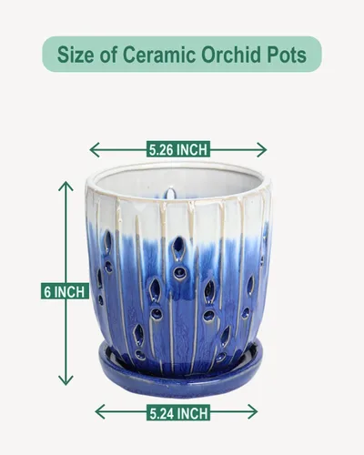 Vista 2 de Maceta de cerámica para orquídeas de 6 pulgadas con agujeros y Azul degradado