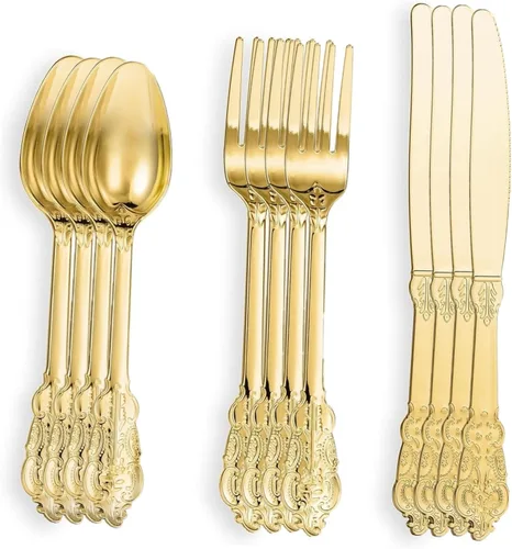 Vista 7 de Juego de cubiertos de plástico dorado de 300 piezas, 100 tenedores, 100 cucharas, 100 cuchillos, cubiertos de plástico dorado resistente desechables