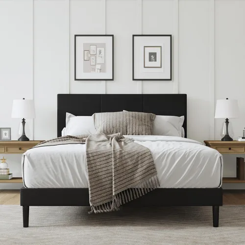 Vista 10 de Marco de cama tamaño Queen con cabecero – Marco de cama de plataforma resistente tapizado con canales verticales acolchados elegante con listones