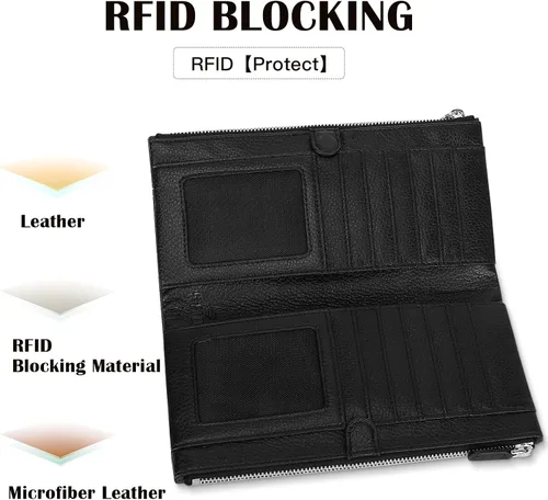 Vista 4 de Pomelo Best Cartera para mujer con bloqueo RFID, de piel auténtica, con múltiples tarjetas de crédito, gran capacidad, con cremallera alrededor
