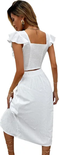Vista 2 de SheIn Conjunto de blusa corta con volantes y cuello redondo para mujer 2 piezas falda midi