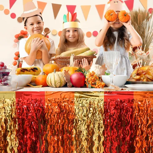 Vista 5 de Decoraciones para fiestas de otoño Mega-L, paquete de 2 faldas de mesa rojas, naranjas y doradas
