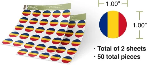 Vista 3 de Desert Cactus Adhesivo de la bandera de Rumania de 1 pulgada, redonda, dos hojas, 50 piezas en total, con logotipo de país para niños, calcomanía