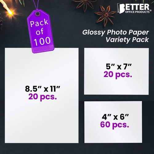 Vista 4 de Better Office Products Paquete variado de papel fotográfico brillante, 100 hojas en total